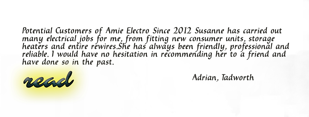 Potential Customers of Amie Electro. Since 2012 Susanne has carried out many electrical jobs for me, from fitting new consumer units, storage heaters and entire rewires. She has always been friendly, professional and reliable. I would have no hesitation in recommending her to a friend and have done so in the past. Adrian, Tadworth