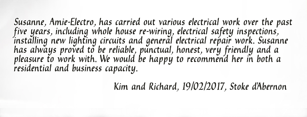 Susanne, Amie-Electro, has carried out various electrical work over the past five yearsf, including whole house re-wiring, electrical safety inspections, installing new lighting circuits and general electrical repair work. Susanne has always proved to be reliable, punctual, honest, very friendly and a pleasure to work with. We would be happy to recommend her in both a residential and business capacity. Kim and Richard, 19/02/2017, Stoke d'Abernon